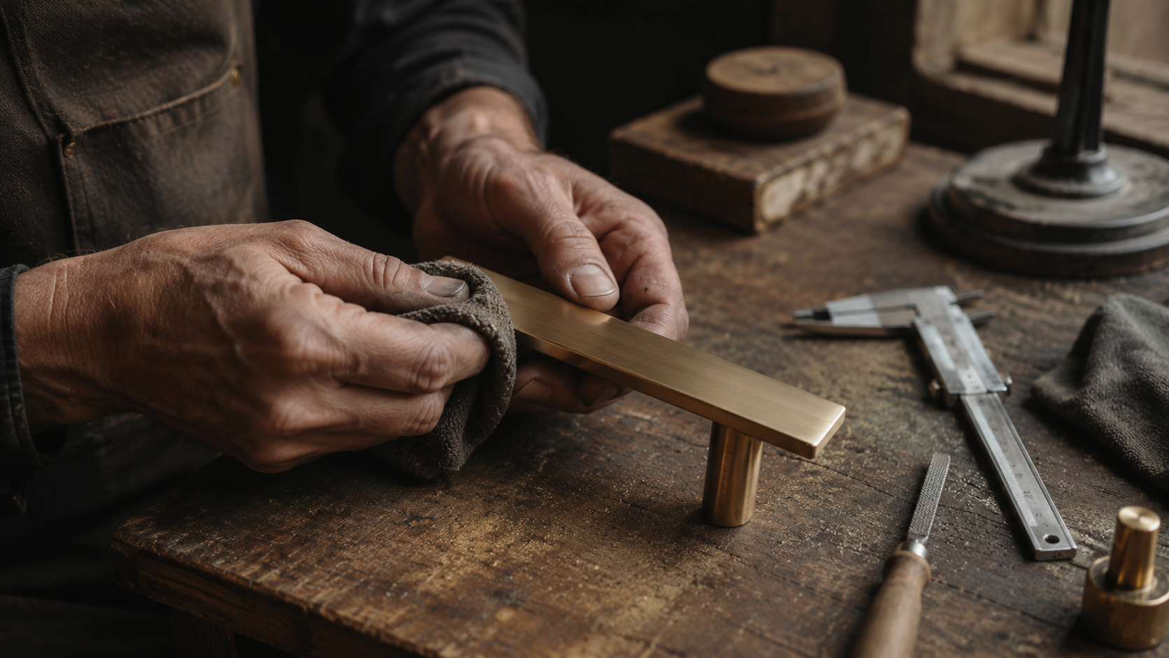 Craftsman polishing a solid brass door handle on a wooden workbench, with precision tools nearby
