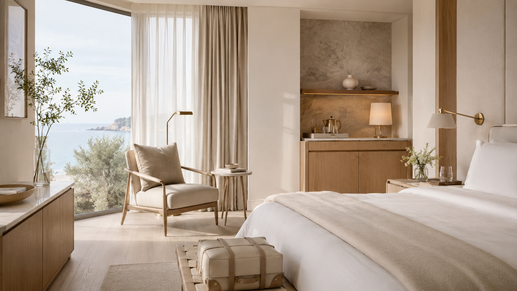 Luxury hotel room with white bed, brass lamp and sea view through tall window